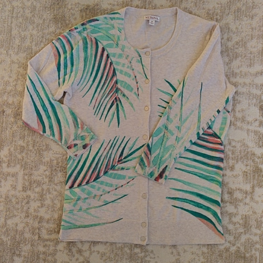 Merona Tropical Palm Leaf Print Heathered Button Up Cardigan Sweater MEDIUM Tan - Picture 8 of 15